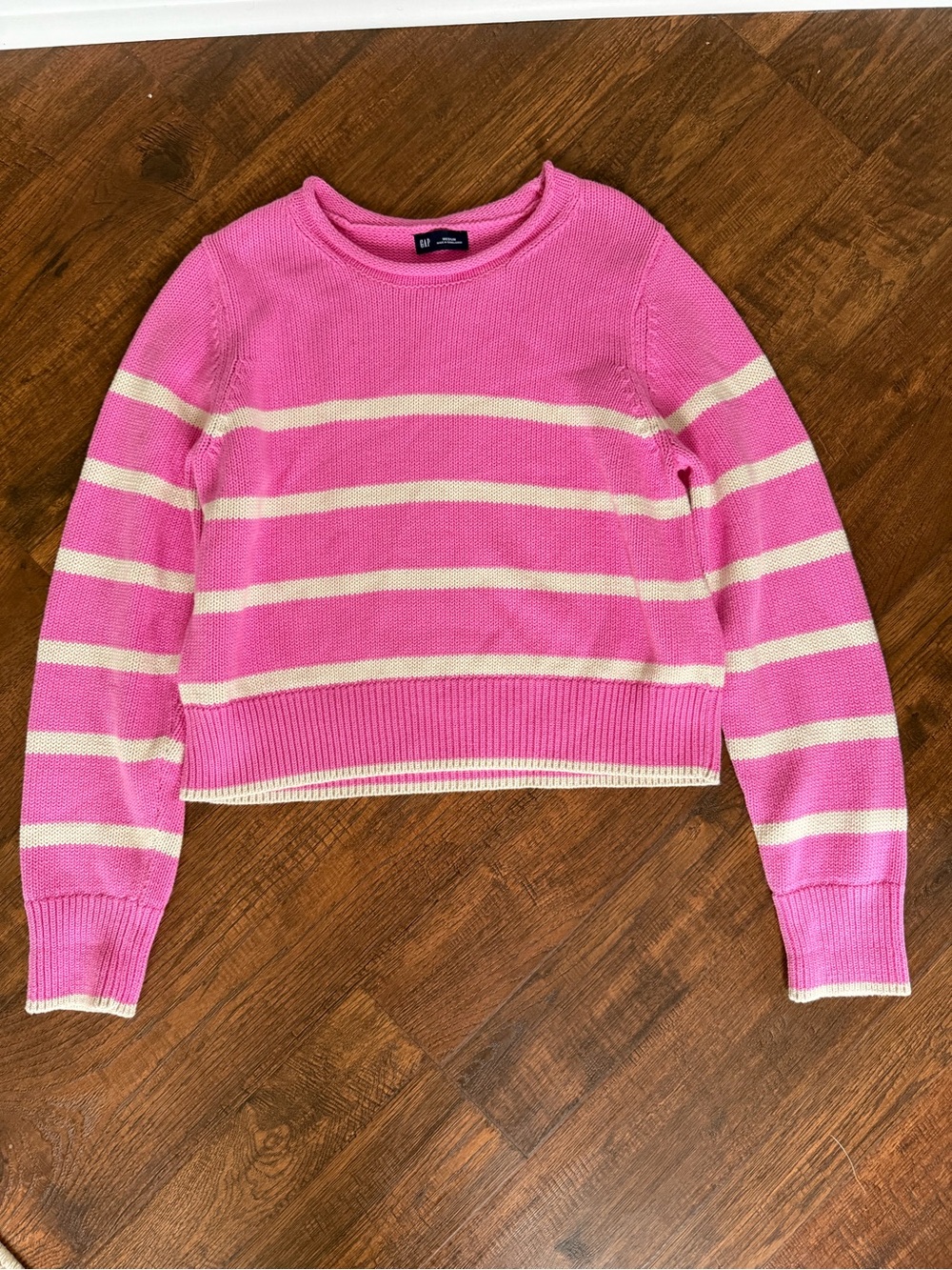 GAP Shrunken Roll Neck Sweater Pink Stripe Cropped size medium cotton